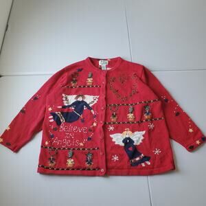 Quacker Factory Sweater Womens 1X Red Angel Believe In Angels Cardigan Holiday